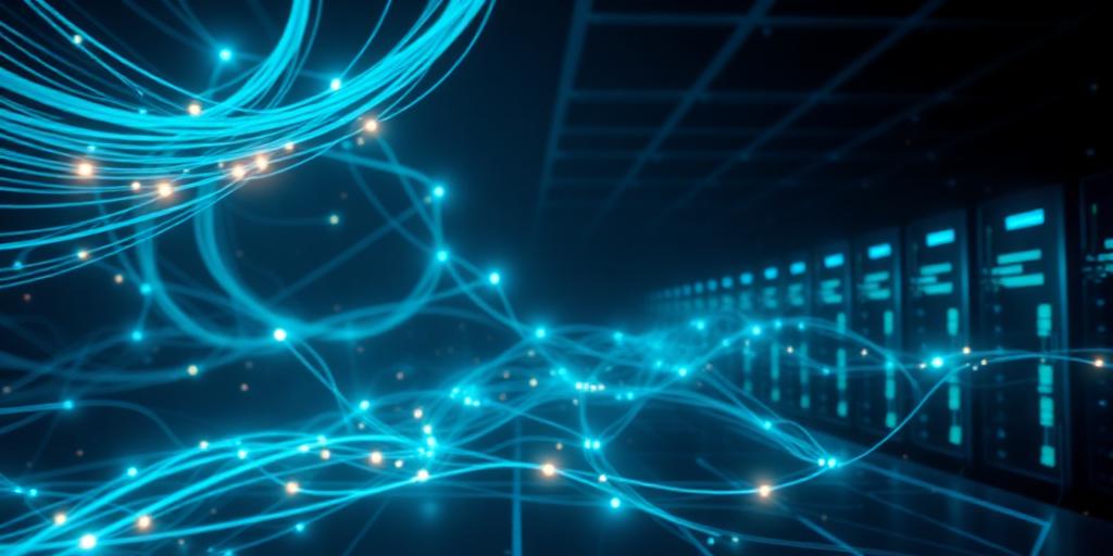 Glowing fiber-optic network with server racks