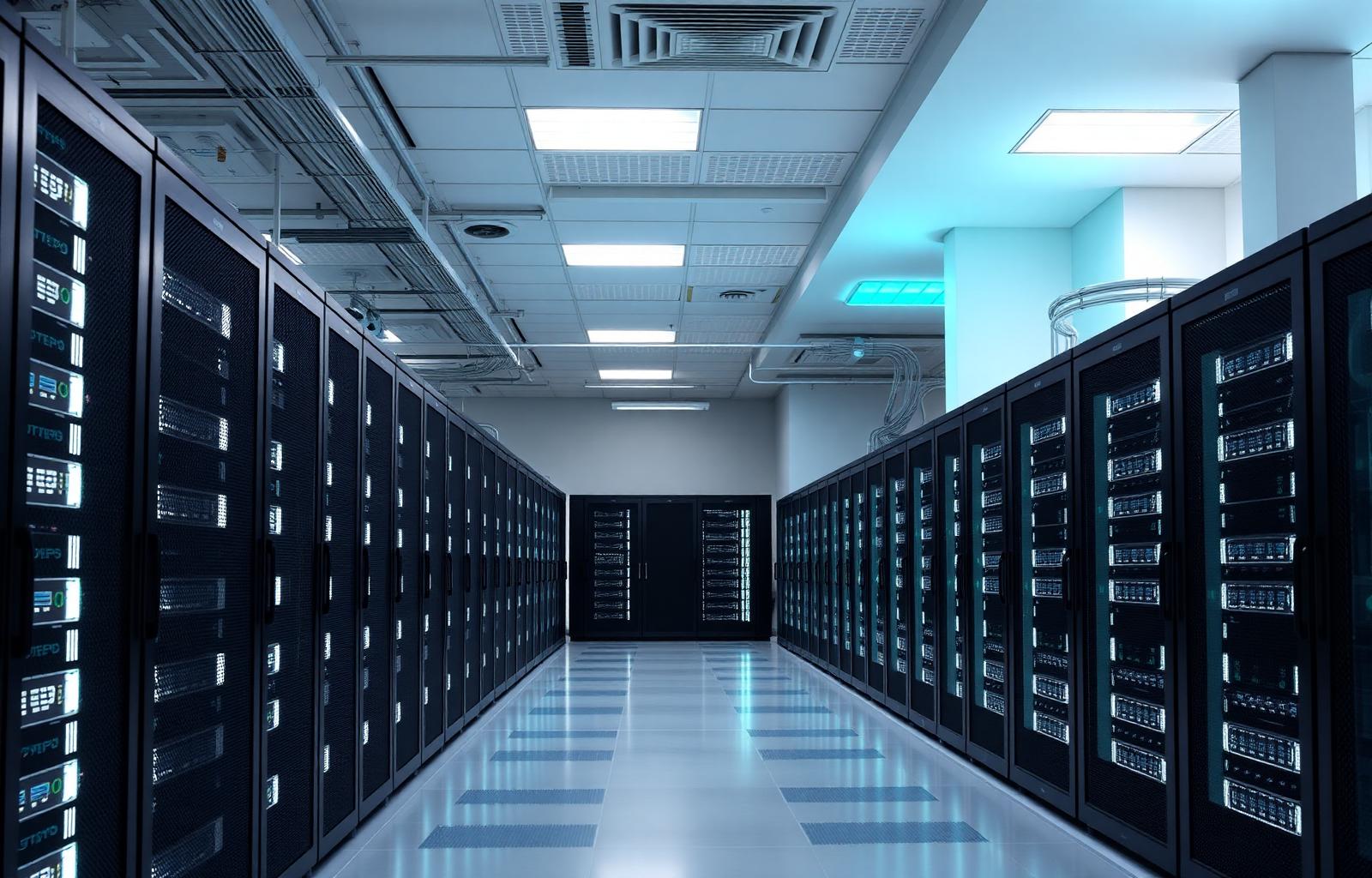 Modern data center aisle with rows of server racks