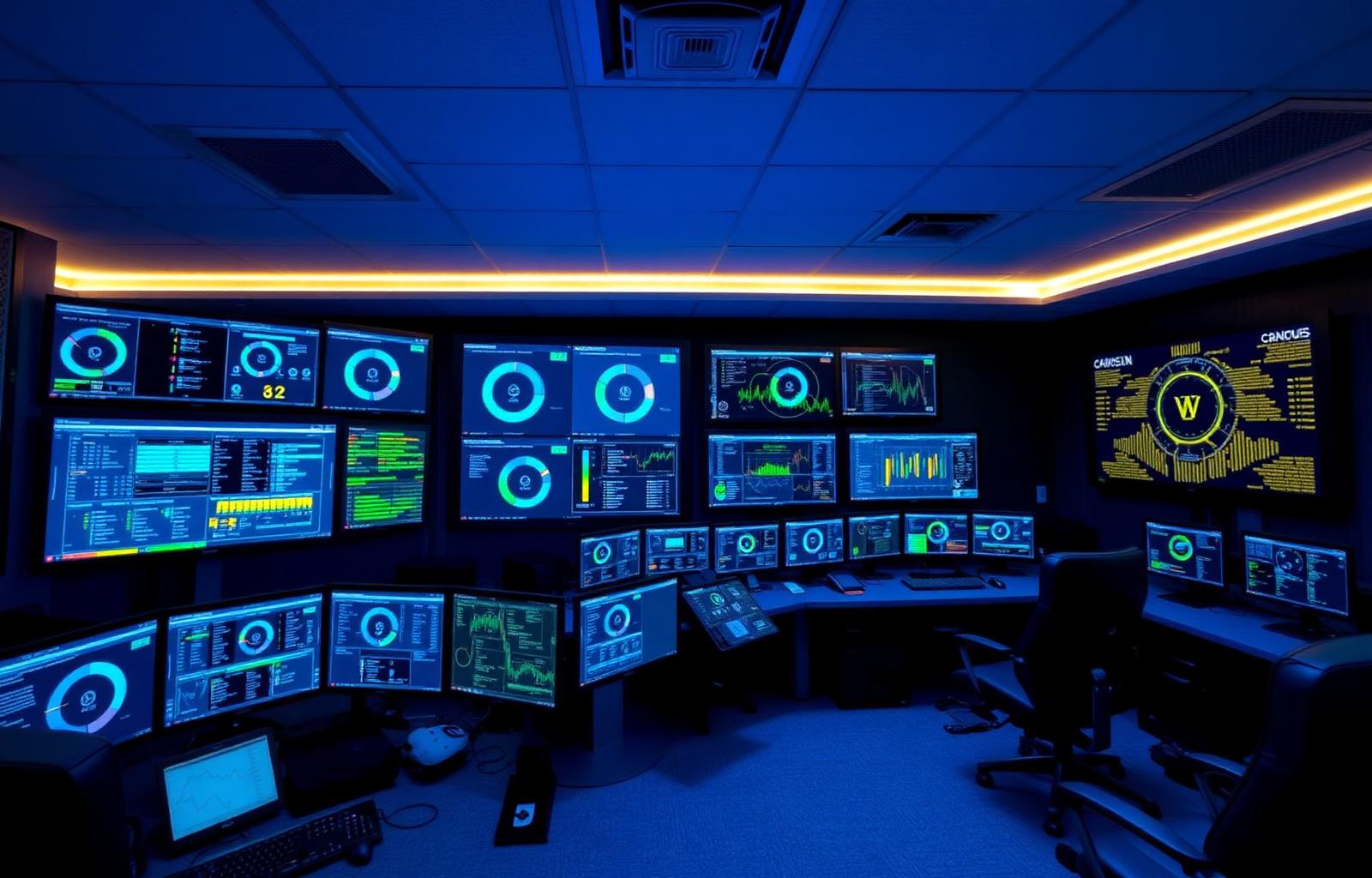 Security operations center with multiple monitors